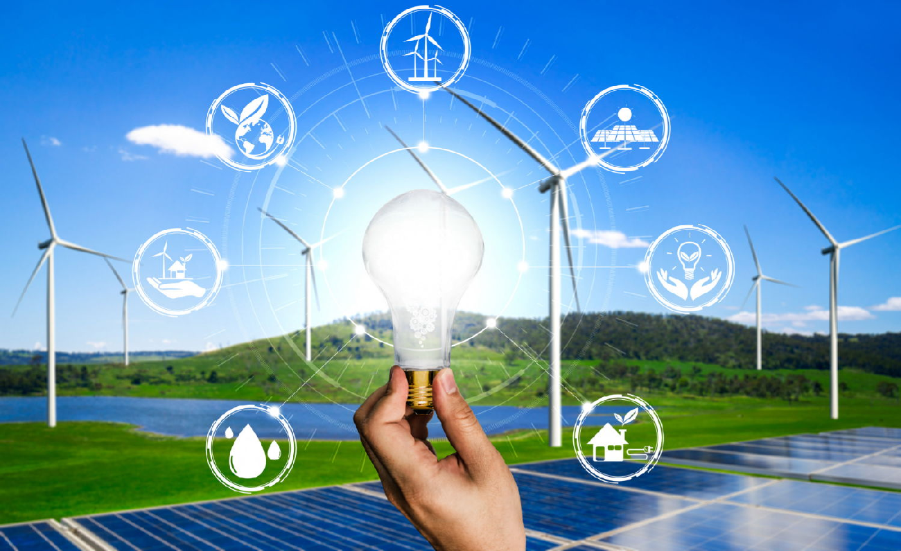 Renewable energy landscape with wind turbines and solar panels