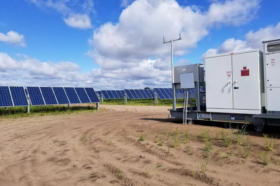 Solar panels and energy storage at a solar farm